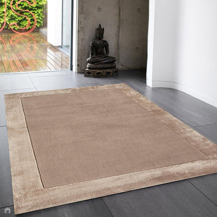 Ascot Modern Plain Hand-Woven Wool Centred Loop Pile Metallic Shimmer Wide Viscose Border Sand Rug