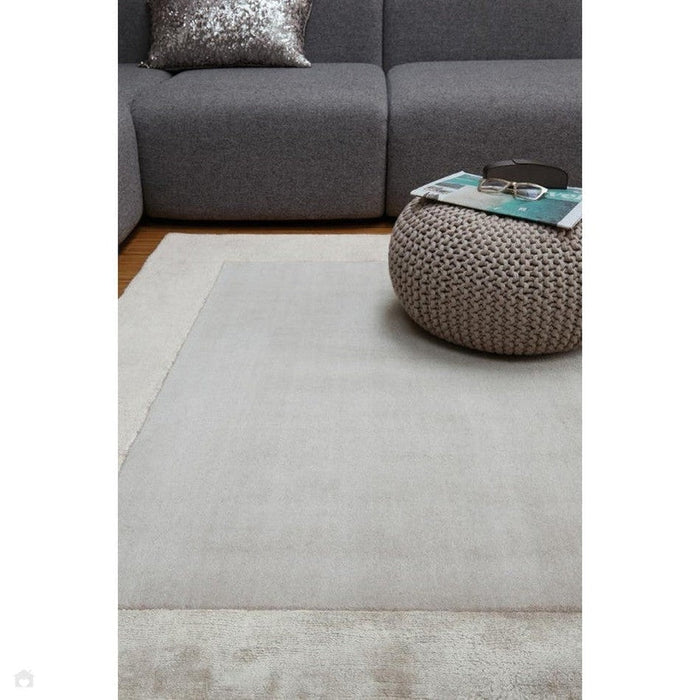 Ascot Modern Plain Hand-Woven Wool Centred Loop Pile Metallic Shimmer Wide Viscose Border Silver Rug