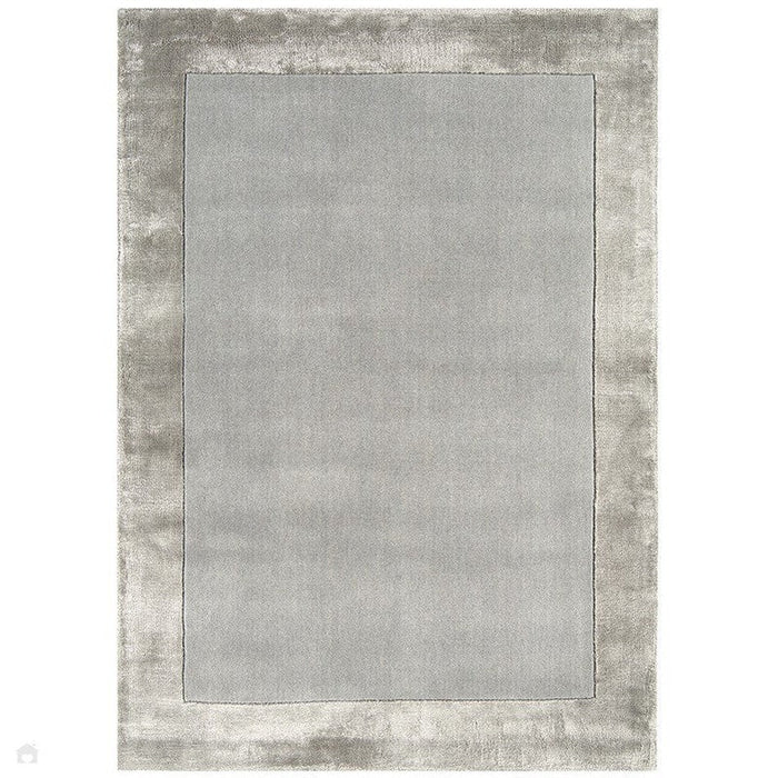 Ascot Modern Plain Hand-Woven Wool Centred Loop Pile Metallic Shimmer Wide Viscose Border Silver Rug