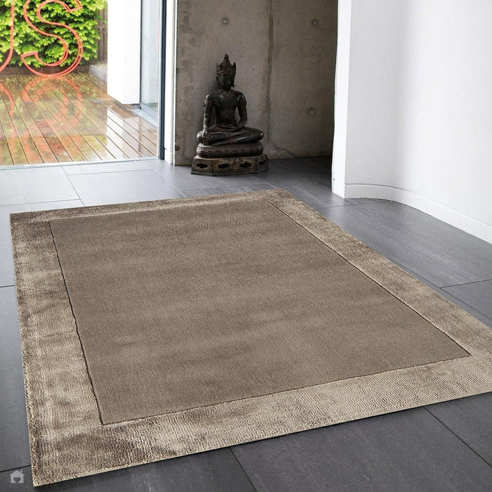 Ascot Modern Plain Hand-Woven Wool Centred Loop Pile Metallic Shimmer Wide Viscose Border Taupe Rug