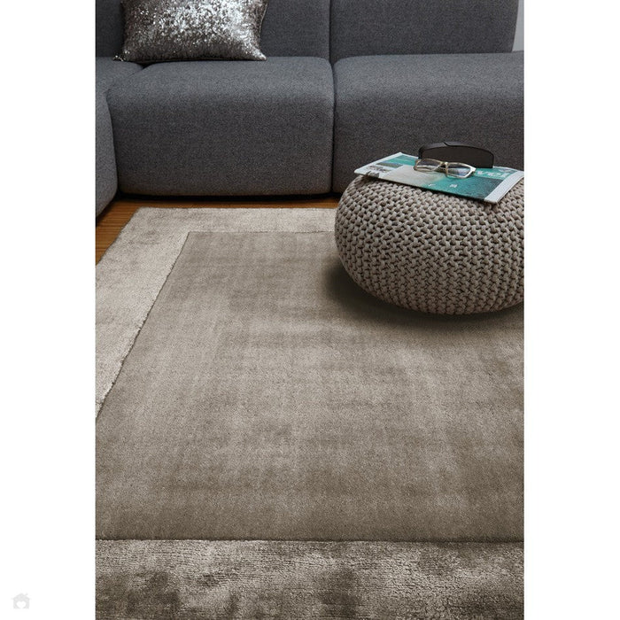 Ascot Modern Plain Hand-Woven Wool Centred Loop Pile Metallic Shimmer Wide Viscose Border Taupe Rug