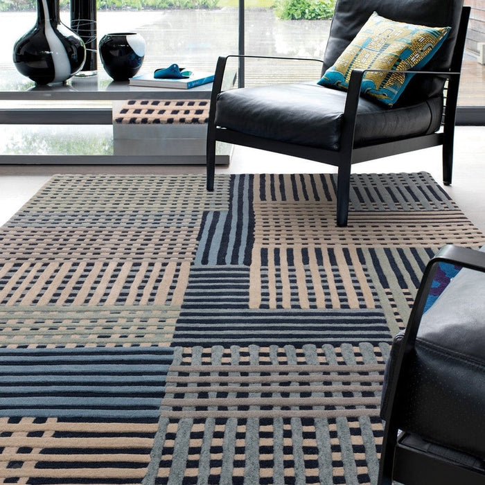 Aspect Modern Geometric Basketweave Hand-Woven Space-Dyed Textured Hi-Low Wool Blue/Multicolour Rug