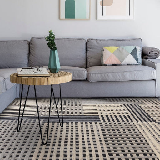 Aspect Modern Geometric Basketweave Hand-Woven Space-Dyed Textured Hi-Low Wool Grey/Charcoal/Beige Rug