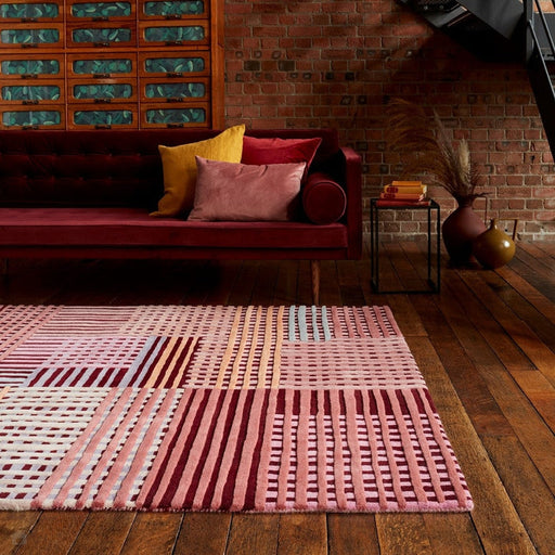 Aspect Modern Geometric Basketweave Hand-Woven Space-Dyed Textured Hi-Low Wool Red Multicolour Rug