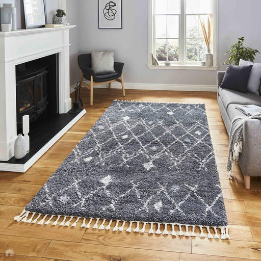 Aspen 1799 Modern Moroccan Berber Soft Plush Boho Shaggy Tassel Grey/Ivory Rug