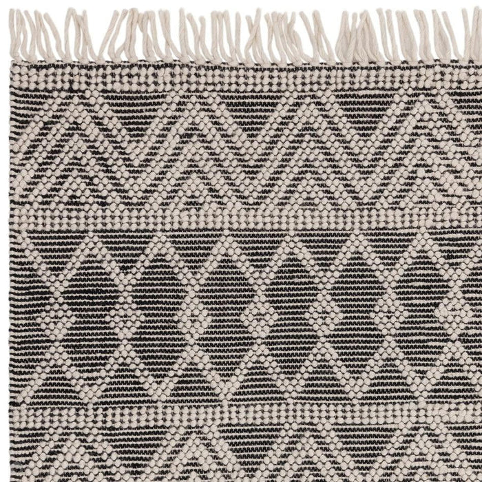 Asra Modern Boho Geometric Hand-Woven Textured Hi-Low Ribbed Bobbled Wool Fringe Flatweave Black/Cream Rug