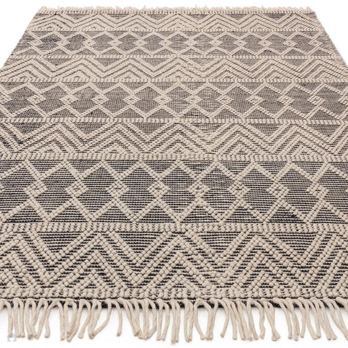 Asra Modern Boho Geometric Hand-Woven Textured Hi-Low Ribbed Bobbled Wool Fringe Flatweave Black/Cream Rug