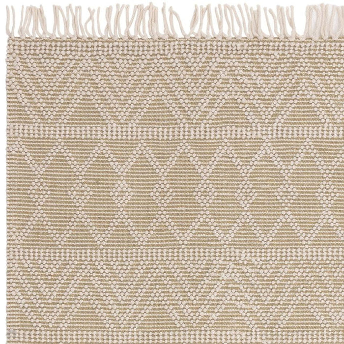 Asra Modern Boho Geometric Hand-Woven Textured Hi-Low Ribbed Bobbled Wool Fringe Flatweave Cream/Beige Rug