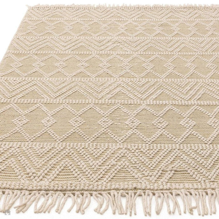 Asra Modern Boho Geometric Hand-Woven Textured Hi-Low Ribbed Bobbled Wool Fringe Flatweave Cream/Beige Rug 160 x 230cm