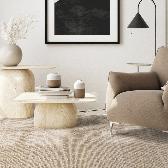 Asra Modern Boho Geometric Hand-Woven Textured Hi-Low Ribbed Bobbled Wool Fringe Flatweave Cream/Beige Rug 160 x 230cm