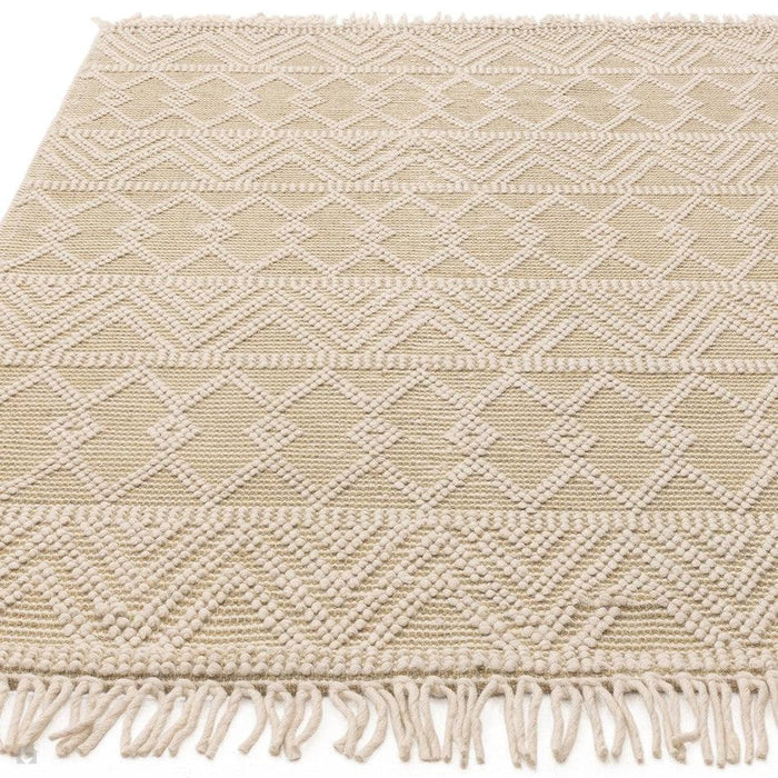 Asra Modern Boho Geometric Hand-Woven Textured Hi-Low Ribbed Bobbled Wool Fringe Flatweave Cream/Beige Rug