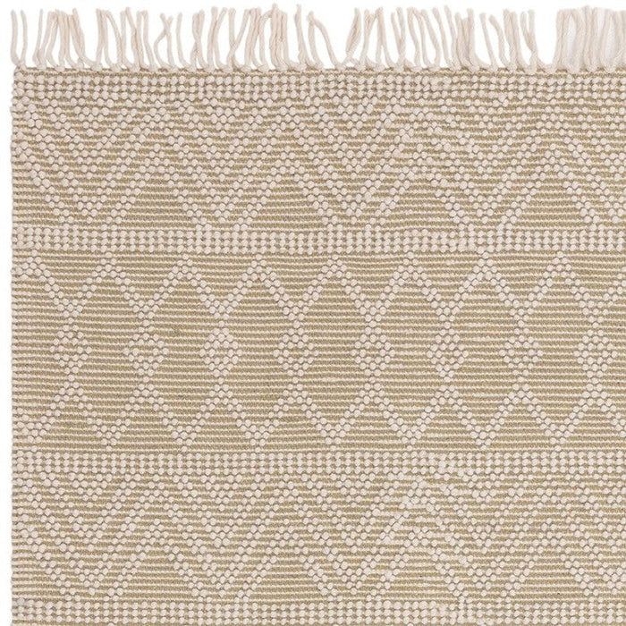 Asra Modern Boho Geometric Hand-Woven Textured Hi-Low Ribbed Bobbled Wool Fringe Flatweave Cream/Beige Rug