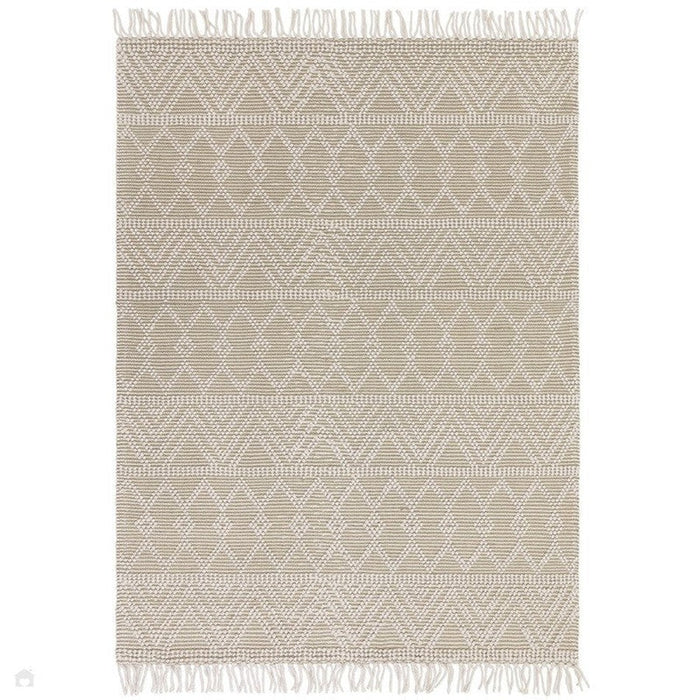 Asra Modern Boho Geometric Hand-Woven Textured Hi-Low Ribbed Bobbled Wool Fringe Flatweave Cream/Beige Rug