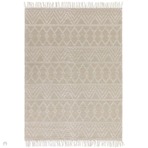 Asra Modern Boho Geometric Hand-Woven Textured Hi-Low Ribbed Bobbled Wool Fringe Flatweave Cream/Beige Rug