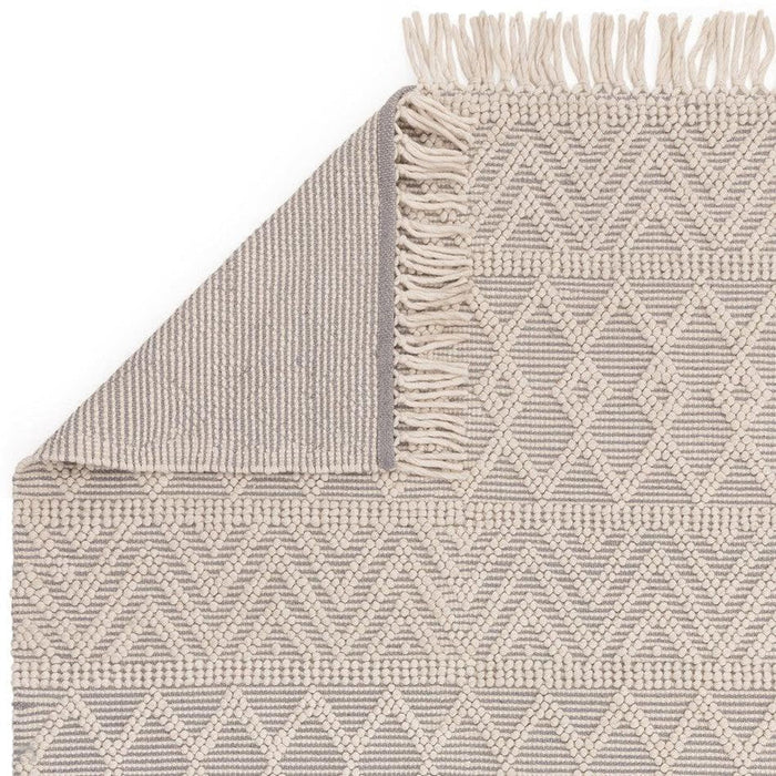 Asra Modern Boho Geometric Hand-Woven Textured Hi-Low Ribbed Bobbled Wool Fringe Flatweave Grey/Cream Rug