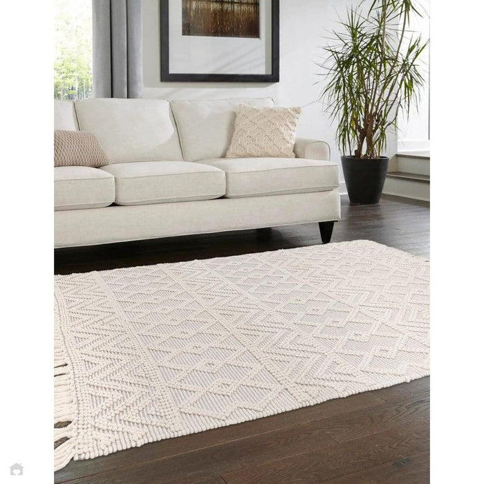 Asra Modern Boho Geometric Hand-Woven Textured Hi-Low Ribbed Bobbled Wool Fringe Flatweave Grey/Cream Rug