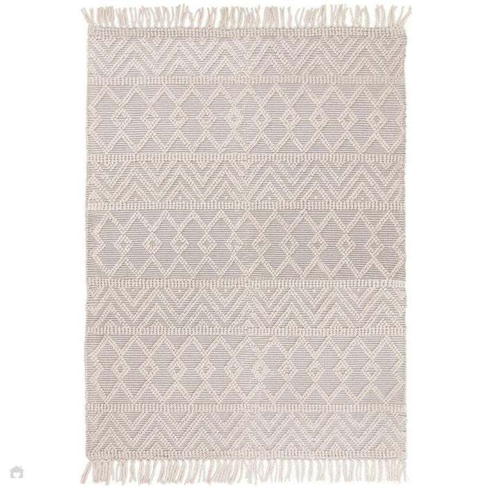 Asra Modern Boho Geometric Hand-Woven Textured Hi-Low Ribbed Bobbled Wool Fringe Flatweave Grey/Cream Rug