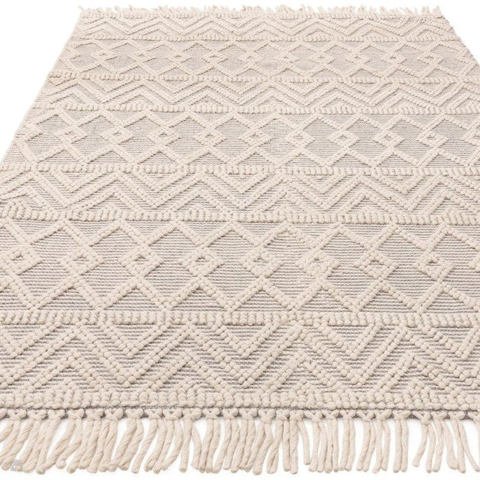 Asra Modern Boho Geometric Hand-Woven Textured Hi-Low Ribbed Bobbled Wool Fringe Flatweave Grey/Cream Rug