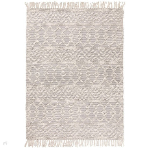 Asra Modern Boho Geometric Hand-Woven Textured Hi-Low Ribbed Bobbled Wool Fringe Flatweave Grey/Cream Rug