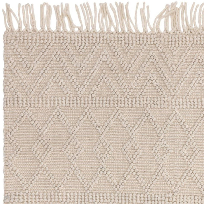 Asra Modern Boho Geometric Hand-Woven Textured Hi-Low Ribbed Bobbled Wool Fringe Flatweave Ivory Rug