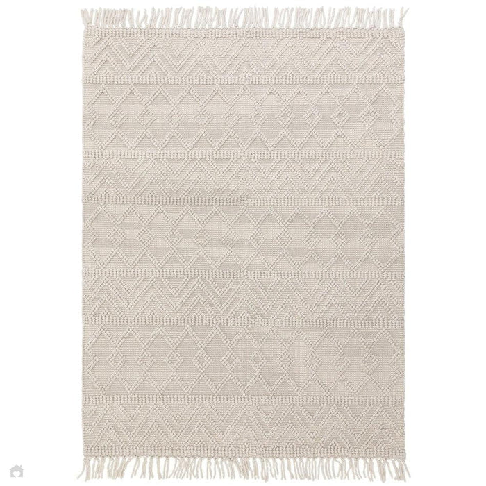 Asra Modern Boho Geometric Hand-Woven Textured Hi-Low Ribbed Bobbled Wool Fringe Flatweave Ivory Rug