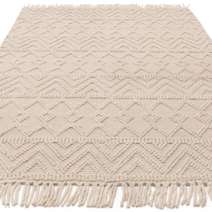 Asra Modern Boho Geometric Hand-Woven Textured Hi-Low Ribbed Bobbled Wool Fringe Flatweave Ivory Rug