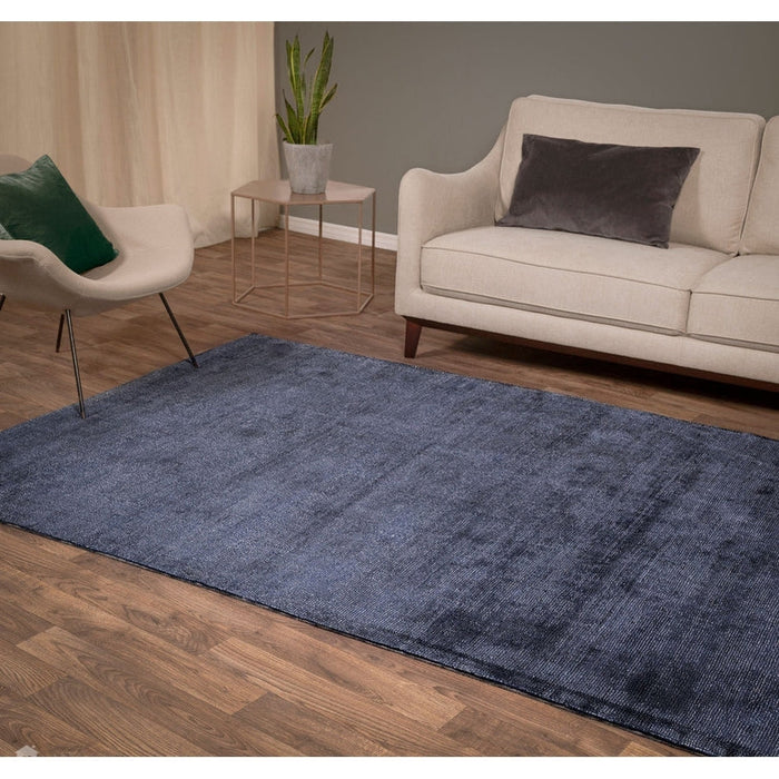 Aston Modern Plain Distressed Shimmer Hand-Woven Textured Viscose Flatweave Navy Rug