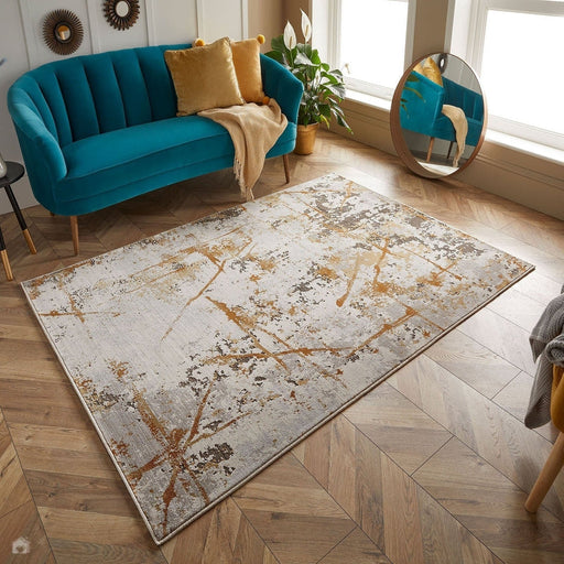 Astro 7150 J Modern Abstract Distressed Soft-Touch Woven Textured Polyester Flatweave Mustard/Grey/Cream Rug