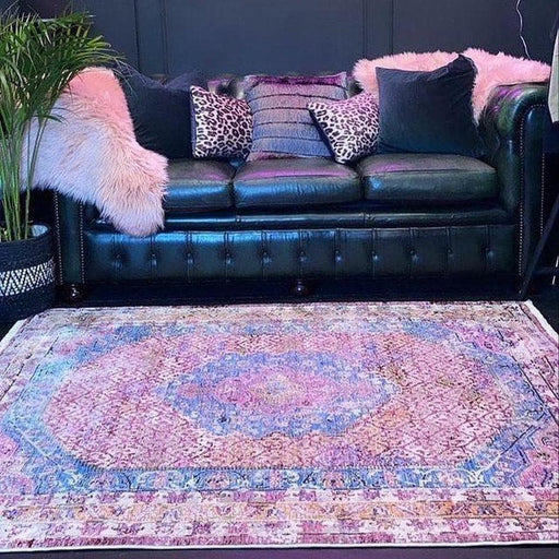 Athena 24023 Traditional Moroccan Medallion Border Vintage Distressed Multicolour/Pink/Blue/Beige Rug