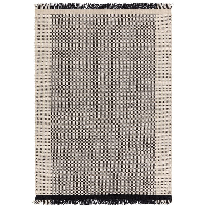 Avalon Modern Plain Beaded Basketweave Hand-Woven Textured Wool Flatweave Cream/Black Rug