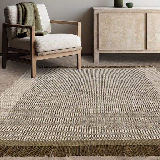 Avalon Modern Plain Beaded Basketweave Hand-Woven Textured Wool Flatweave Forest Green Rug