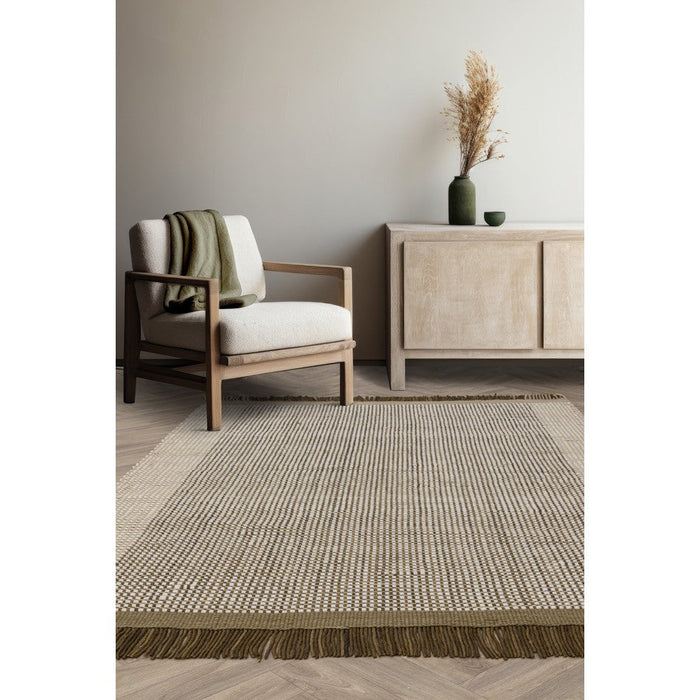 Avalon Modern Plain Beaded Basketweave Hand-Woven Textured Wool Flatweave Forest Green Rug