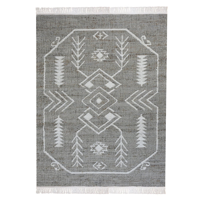 Aztec Inspired Hand Woven Hemp Wool Rug in Grey Ivory