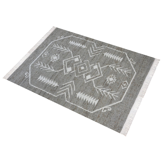 Aztec Inspired Hand Woven Hemp Wool Rug in Grey Ivory