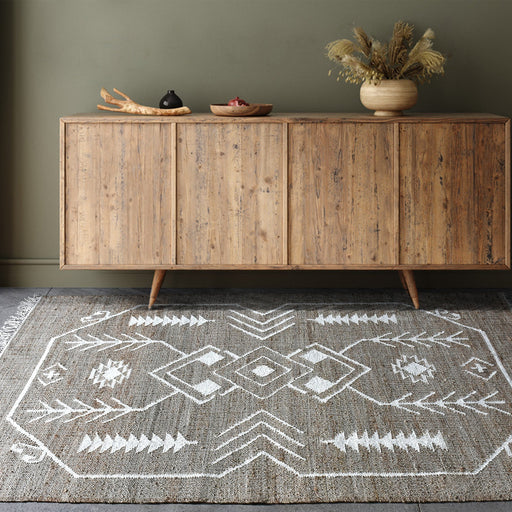 Aztec Inspired Hand Woven Hemp Wool Rug in Grey Ivory