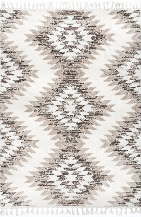 Aztec Pattern Beige Area Rug 140 cm with Braided Tassels