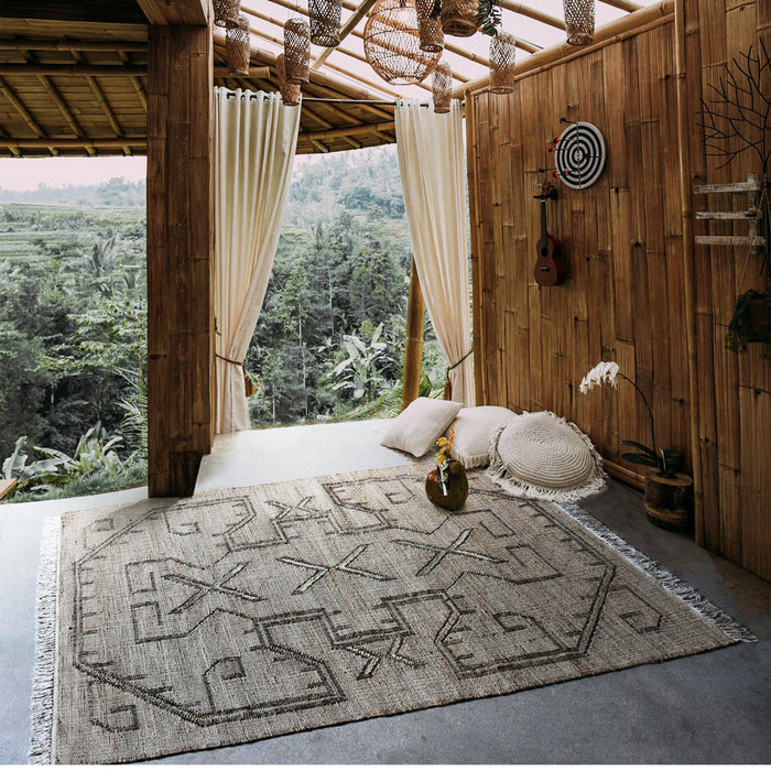 Aztec Print Hemp and Wool Hand-Woven Rug