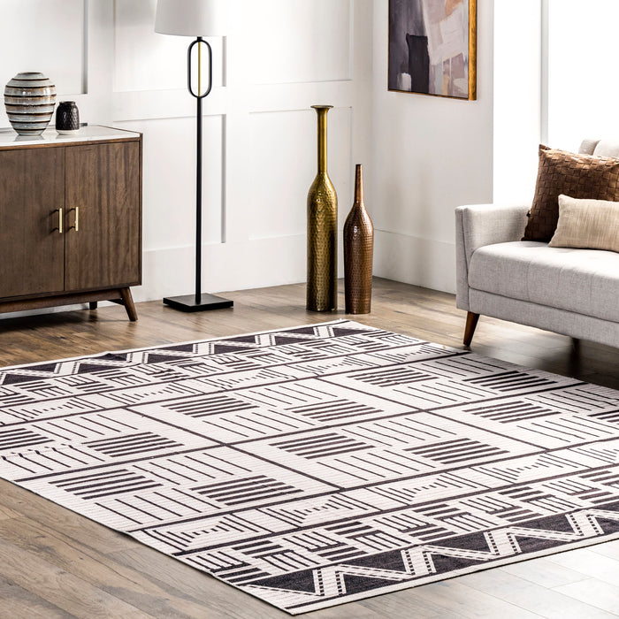 Banded Charcoal Washable Rug for Busy Homes