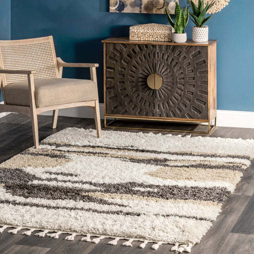 Beige Abstract Shag Rug With Tassels For Modern Spaces