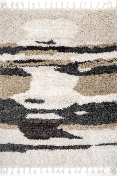 Beige Abstract Shag Rug With Tassels For Modern Spaces