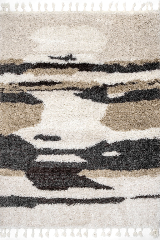 Beige Abstract Shag Rug With Tassels For Modern Spaces