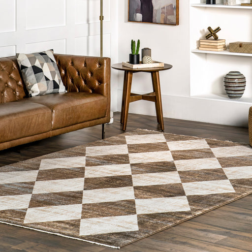 Beige Checkered Fringed Area Rug 120cm x 180cm