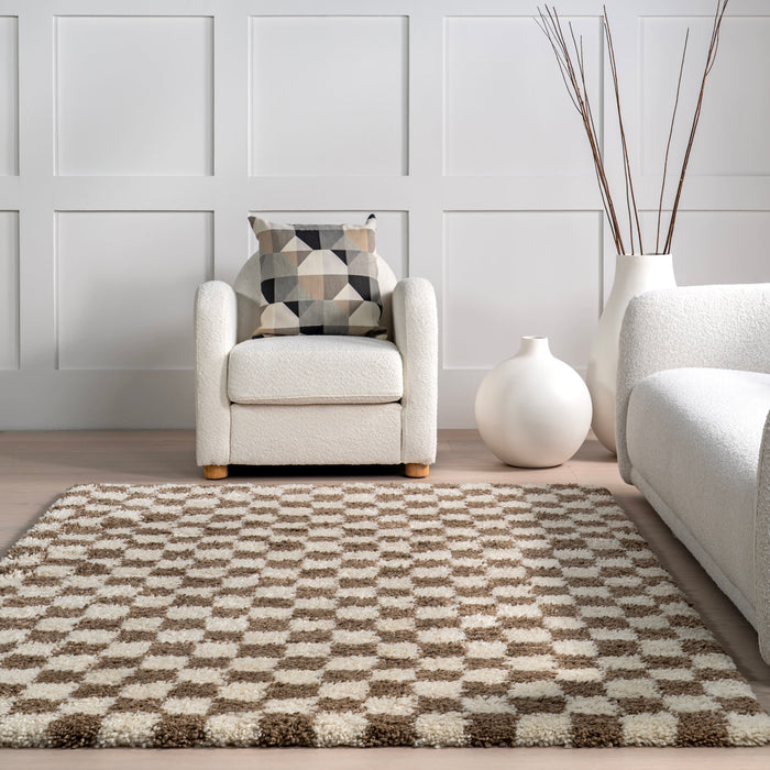 Beige Checkered Shag Area Rug 60x90 cm