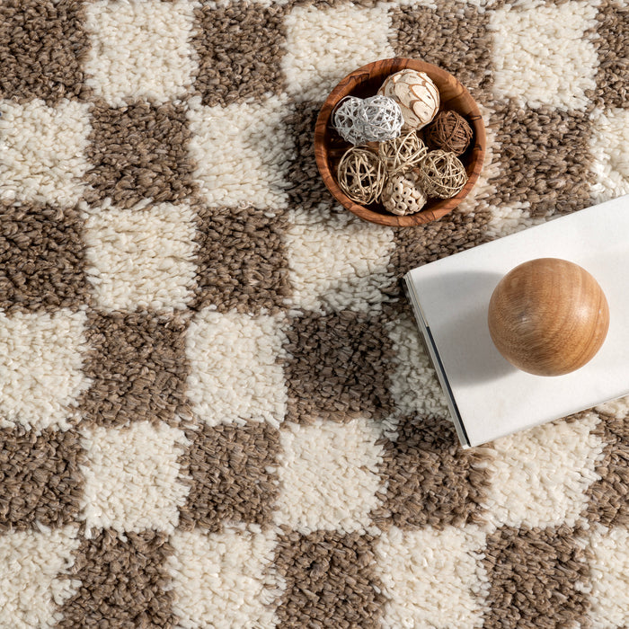 Beige Checkered Shag Area Rug 60x90 cm