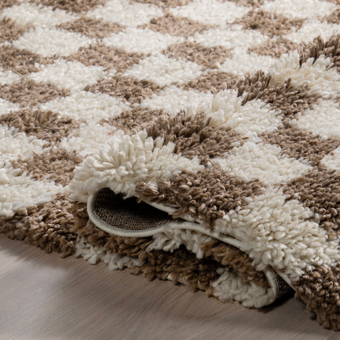 Beige Checkered Shag Area Rug 60x90 cm