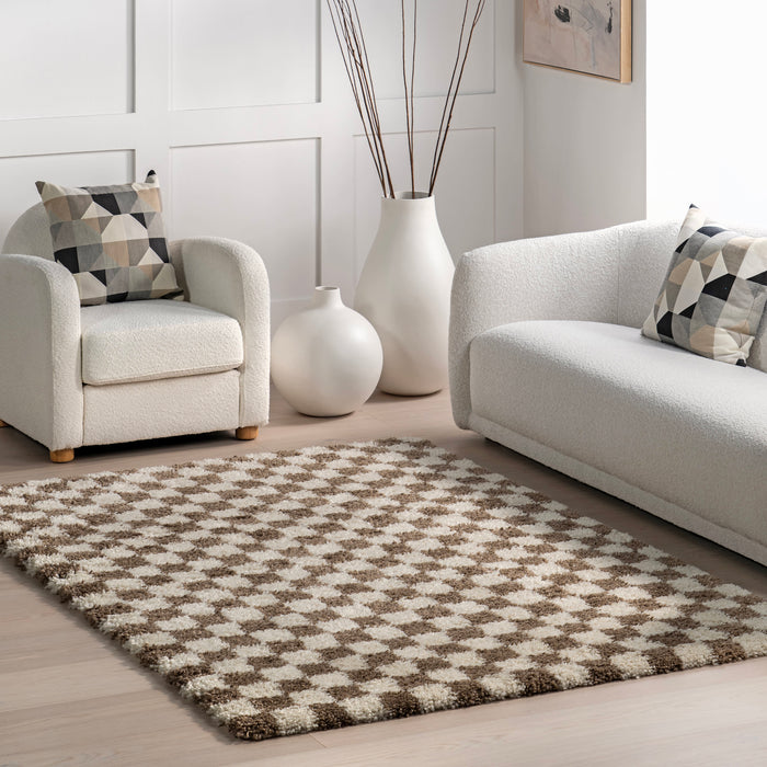 Beige Checkered Shag Rug for Comfort and Style