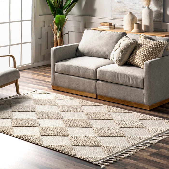 Beige Diamond Tasseled Area Rug for Elegant Home Decor