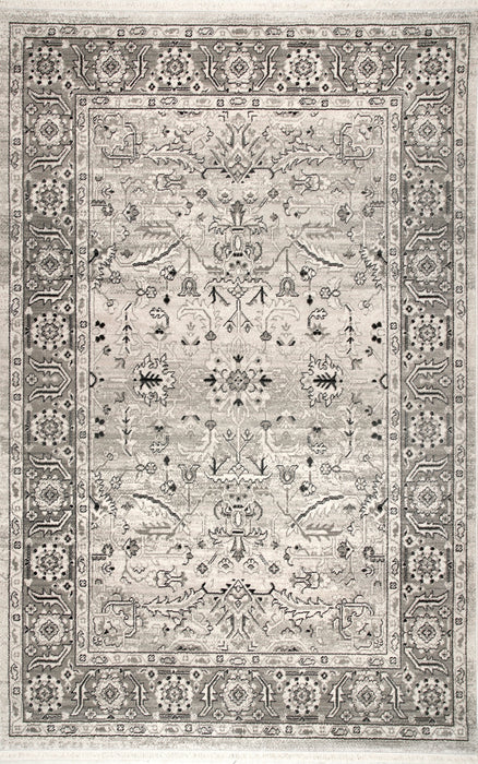 Beige Fringe Area Rug with Persian Motif for High Traffic Areas