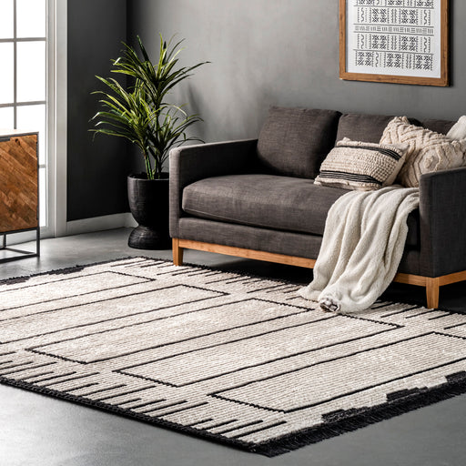 Beige Geometric Fringe Area Rug for Living Room