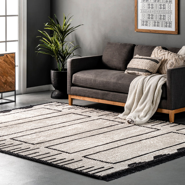 Beige Geometric Fringe Area Rug for Living Room